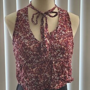 Forever 21 Burgundy Floral Top with Neck Tie